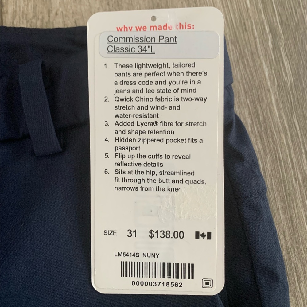 Lululemon Men’s Commission Pant Classic size 31,  navy, 34”length